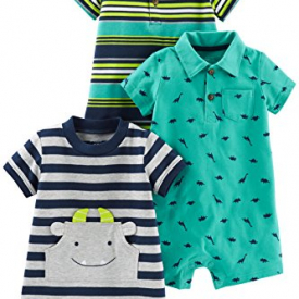 Simple Joys by Carter’s Baby Boys’ 3-Pack Rompers, Blue Stripe/Turquoise Dino/Grey Navy, 3-6 Months