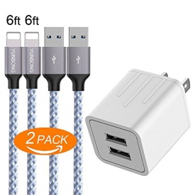 iPhone Charger, YUNSONG 4.2A 21W Dual Port Travel Power Adapter with Nylon Braided Lightning Cable 6FT 2PACK USB Data Sync Charging Cord for iPhone X/8/7/6S/Plus/5S/SE/5C/iPad Air/mini
