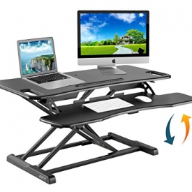 Height Adjustable Standing Desk Converter Ergonomic Sit Stand Black Riser Large Table Top Size 37” Inch Gas Spring Workstation Anti Fatigue Up Down Position Dual Monitor Computer Shelf Home Office