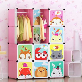 Tespo Portable Clothes Closet Wardrobe for Children and Kids, Cute Cartoon, DIY Modular Storage Organizer, Sturdy and Safe Construction, 12 Deeper Cubes with Hanging Rods, Pink