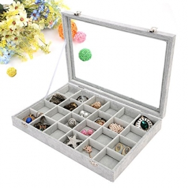 Wuligirl Ice Velvet 24 Grid Jewelry Box Removable Display Case Organizer Glass Top with Lid & Lock(24 Grid)