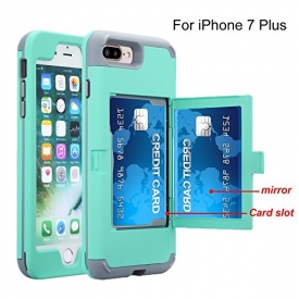 iPhone 7 Plus case, TOPBIN [Cosmetic Mirror] & [1 Card Slots] Hard PC+ Soft Silicone [3 in 1] Anti-Scratch Hybrid Full-Body Dual Protective Case for Apple iPhone 7 Plus/8 Plus (Aqua+Grey)