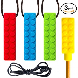 SENSO Sensory Chew Necklace Set – (3 PACK + BONUS PENCIL TOPPER) – Silicone Chew for ADHD, Teething, Autism, Biting, Oral Motor Chew Toy for Kids – Mild/Medium Firmness