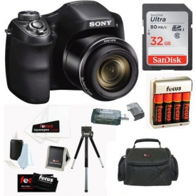 Sony Cyber-shot DSC-H300/B Compact Zoom Digital Camera in Black + SanDisk Ultra 32GB 80MB/s SD Card + Carrying Case + 4 AA Rechargeable Batteries w/ Charger + Accessory Kit