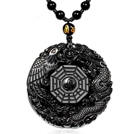 MOHICO Dragon Obsidian Pendant Necklace, Dragon and Phoenix Natural Obsidian Crystal Pendant Necklace Pattern with extend Bead Chain for Men or Women, Black Elegant Round