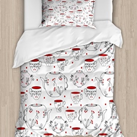 Tea Party Duvet Cover Set Twin Size by Ambesonne, Vintage Crockery Pattern with Swirled Floral Motifs Red Berries and Dots, Decorative 2 Piece Bedding Set with 1 Pillow Sham, Red Black White