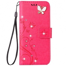 Auroralove iPhone 8 Plus Luxury Handmade Bling Rhinestone Soft Slim Flip Stand Wallet Case for iPhone 8 Plus Flower Butterfly PU Leather Case for Girls Women (iphone 8 plus, Rose Red)
