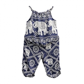 2Pcs/Set Kids Baby Girls Elephant Jumpsuit Romper, Straps Tops+Harem Pants Outfit (2-3 Years, Blue)