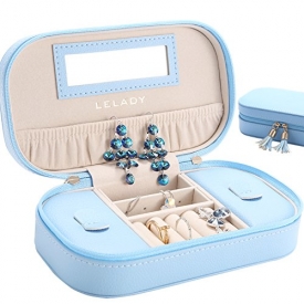 LELADY Small Jewelry Box Portable Travel Jewelry Case Organizer Faux Leather Storage Holder with Mirror for Earrings Rings Necklaces, Gifts for Women Girls Small Size (Sky Blue)