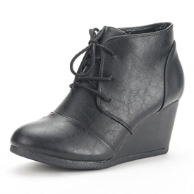 DREAM PAIRS TOMSON Women’s Casual Fashion Outdoor Lace Up Low Wedge Heel Booties Shoes   black Pu 7 B(M) US