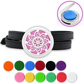 Lademayh Essential Oils Bracelet Diffuser Bauhinia Design Locket Aromatherapy Jewelry, 25mm Portable Stainless Steel Diffuser with Leather Wristband and 12 Felt Pads
