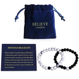 Believe London Distance Bracelets With Jewelry Bag & Meaning Card | Strong Elastic | Friendship Relationship Couples His Hers | Black Agate Onyx White Howlite Bracelet (7 inch black & 8 inch white)