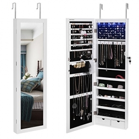 SONGMICS 6 LEDs Jewelry Cabinet Lockable Wall Door Mounted Jewelry Armoire Organizer with Mirror 2 Drawers White UJJC93W