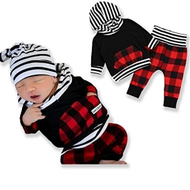 2pcs Outfit Newborn Baby Boy Girl Long Sleeve Black Hoodie with Check Pocket Tops Plaid Long Pants Clothes 0 – 6 Months
