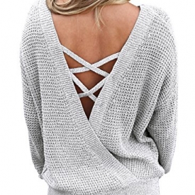 Asvivid Women’s Sexy Crisscross Lace Up Open Back Oversized Fall Knitted Sweater Jumper Medium Grey