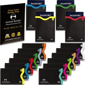 16 RFID Blocking Sleeves (12 Credit Card Holders & 4 Passport Protectors) Ultimate Premium Identity Theft Protection Sleeve Set for Men & Women. Smart Slim Profile Design (Color Numbered)