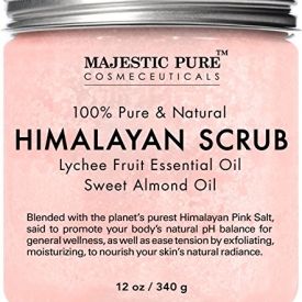 Majestic Pure Himalayan Salt Body Scrub with Lychee Essential Oil, All Natural Scrub to Exfoliate & Moisturize Skin, 12 oz
