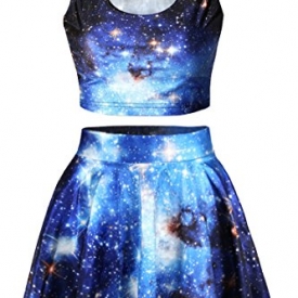 Pink Queen 2 Piece Crop Tank Top Tees and Flare Skirt Set, Blue Galaxy Print, OS,Blue Galaxy Print,One Size
