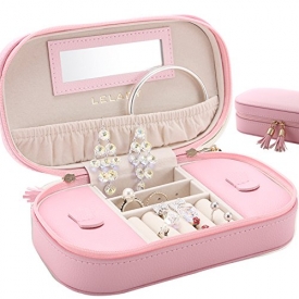 LELADY Small Jewelry Box Portable Travel Jewelry Case Organizer Faux Leather Storage Holder with Mirror for Earrings Rings Necklaces, Gifts for Women Girls Small Size (Pink)