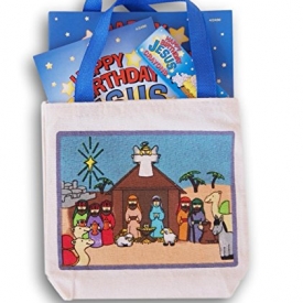 Christmas Themed Happy Birthday Jesus Gift Bundle – Tote, Coloring Book, Crayons, and Scribble Pad