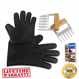 Meat Claws – BBQ Pulled Pork Shredder for Shredding and Lifting, Strongest Wooden Handle Stainless Steel Tool Forks + Premium Black Heat Resistant Cooking Gloves BPA Free + Ebook (5pc Set)