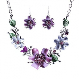 Leegoal Women Plated Oil Drip Rhinestone Flower Bib Necklace Earring Sets