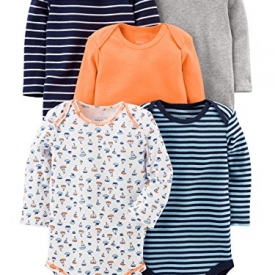 Simple Joys by Carter’s Boys’ 5-Pack Long-Sleeve Bodysuit, Sailboat/Blue Stripe/Orange/Gray, 12 Months