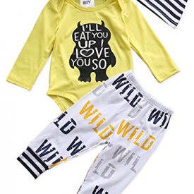 3Pcs Newborn Baby Boys Clothes Letter Print Romper+ Casual Pants+Hat Outfits Set (0-6 Months, Yellow)
