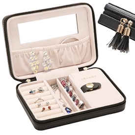 LELADY Small Jewelry Box Portable Travel Jewelry Case Organizer Faux Leather Storage Holder with Mirror for Earrings Rings Necklaces, Gifts for Women Girls Middle Size (Black)
