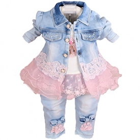 YAO Baby Girls Denim Clothing Sets 3 Pieces Sets T Shirt Denim Jacket and Jeans (1-2Years)