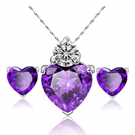 Yonger Elegant Fashion Necklace Earrings Set of Jewellery Portfolio Diamond Heart Shaped Crystal Pendant Best Gift for Women Purple