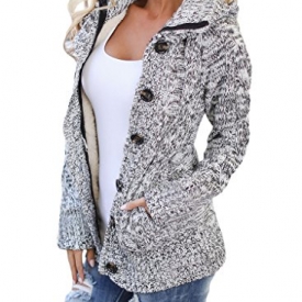 Sidefeel Women Hooded Knit Cardigans Button Cable Sweater Coat Medium Grey