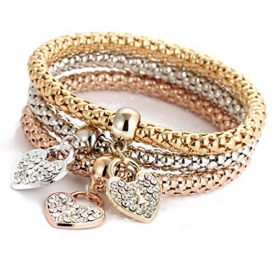 Morecome Women 3pcs Charm Bracelet Gold Silver Rose Gold Rhinestone Bangle Jewelry Set (B)