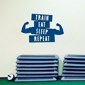 Fitness Wall Decal with a Train Eat Sleep Repeat motivational quote