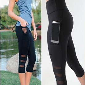 GBSELL Women Skinny Mesh Sexy Leggings Yoga Pants Workout Clothes with Pocket (Black, L)