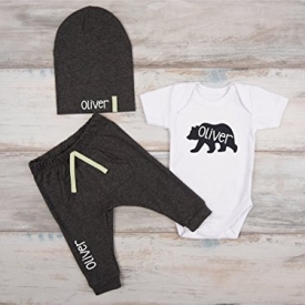 Personalized Baby Boy Gift, Set of 3 – Personalized Bodysuit, Hat and Pants