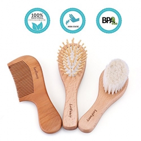 3PCS Baby Hair Brush and Comb Set – LotFancy Natural Soft Goat Bristle Brush for Cradle Cap, Scalp Massage Brush, Wooden Comb, Perfect Gift for Baby Shower, Registry or New Moms