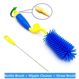 Silicone Bottle Brush, ArtiGifts Baby Bottle Cleaning Brush with Nipple Cleaner & Straw Brush, 360° Rotating Long Handle, Perfect for Feeding Bottle, Water Bottle, Thermoses, Cup, Food Jar