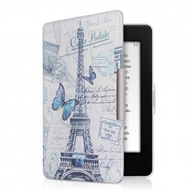 kwmobile Elegant synthetic leather case for the Amazon Kindle Paperwhite Design Eiffel Tower butterfly in blue grey white