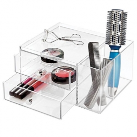 mDesign Cosmetic Organizer for Vanity Cabinet to Hold Makeup, Brushes, Beauty Products – 2 Drawers and Caddy, Clear