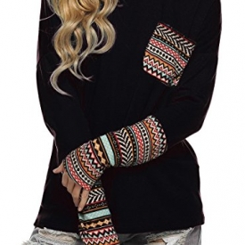 Women’s Fashion Long Sleeve Striped Patchwork Casual Loose Tee Shirt Tops (M, Black)