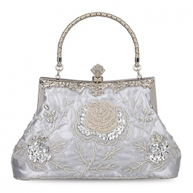 Kaever Women’s Vintage Style Beaded and Sequined Roses Evening Clutch Purse Bag Wedding Party Handbag(Silver)