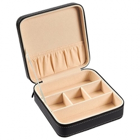 Travel Jewelry Case – Jewelry Carrying Case, PU Leather Organizer Storage Holder for Watches, Rings, Necklaces, with 5 Compartments, Black, 7 x 2.5 x 7 Inches