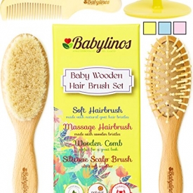 4 Piece Baby Hair Brush Set with Baby Brush, Cradle Cap Brush or Scalp Brush, Natural Bristle Brush or Massage Brush and a Baby Comb, Perfect Gift Sets for Baby Shower or Gifts for New Moms (Yellow)