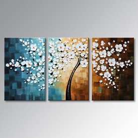Winpeak Art Hand-painted Abstract Large Oil Painting Modern Plum Blossom Artwork Floral Canvas Wall Art Hangings Stretched And Framed (72″W x 36″H (24″x36″ x3pcs), White )
