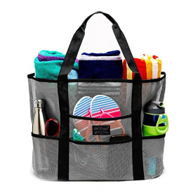 SoHo, Mesh Beach Bag – Toy Tote Bag – Large Lightweight Market, Grocery & Picnic Tote with Oversized Pockets (Black/White)