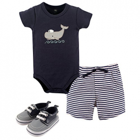 Hudson Baby Baby Boys’ Cotton Bodysuit, Shorts and Shoe 3 Piece Set, Sailor Whale, 12-18 Months