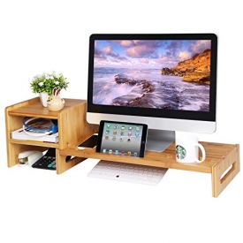 SONGMICS Bamboo Monitor Stand Riser Laptop Cellphone TV Printer Stand with 2-tier Desktop Storage Organizer Patented ULLD217