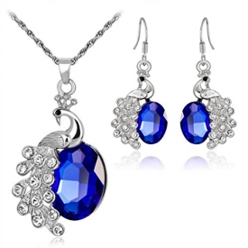Sinfu Necklace For Women Enamel Butterfly Crystal Silver Earring Set Chain Jewelry (Blue)