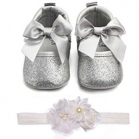Lidiano Baby Girls Bowknot Sequins Bling Anti-Slip Mary Jane Flat Crib Shoes with Headband (12-18 Months, Silver)